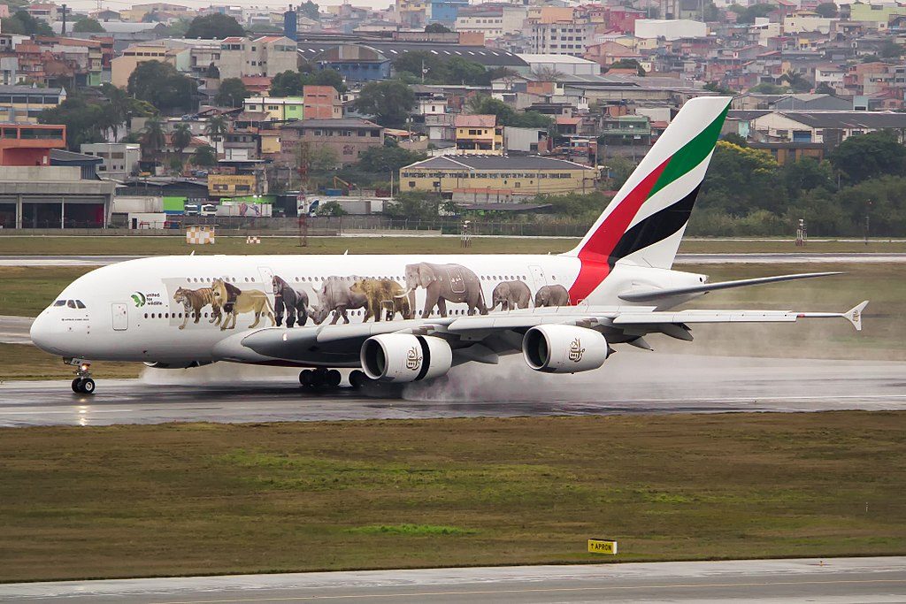 A6 EOM Airbus A380 800 United for Wildlife cs of Emirates at São Paulo Guarulhos International Airport