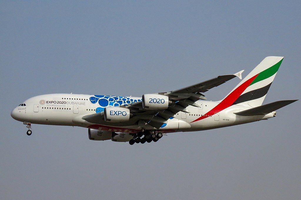 A6 EOQ Airbus A380 800 Expo 2020 Mobility Blue cs of Emirates at Beijing Capital International Airport