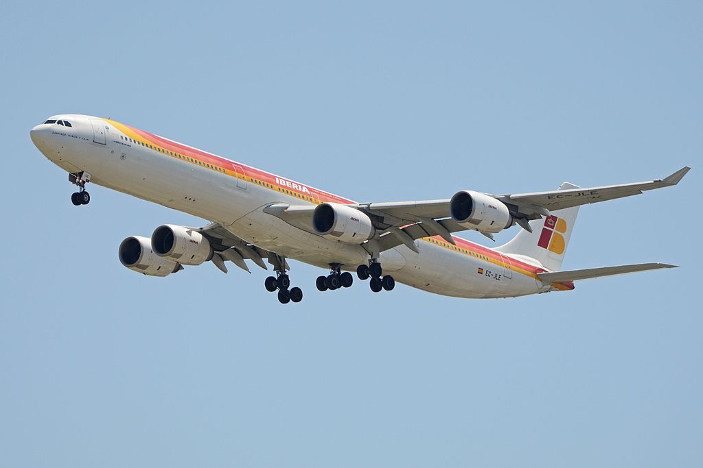 Airbus A340 642 EC JLE Iberia Santiago Ramón y Cajal arriving from Mexico City at Madrid Bajaras Airport
