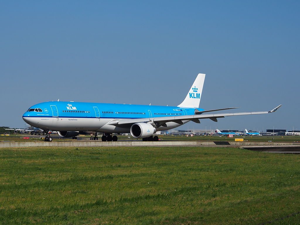 PH AKD KLM Royal Dutch Airlines Airbus A330 303 Plaza de la Cathedral Habana taxiing at Schiphol Amsterdam airport