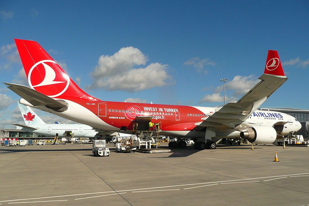 Turkish Airlines Invest in Turkey livery Airbus A330 223 TC JIZ Alacahöyük at London Heathrow Airport