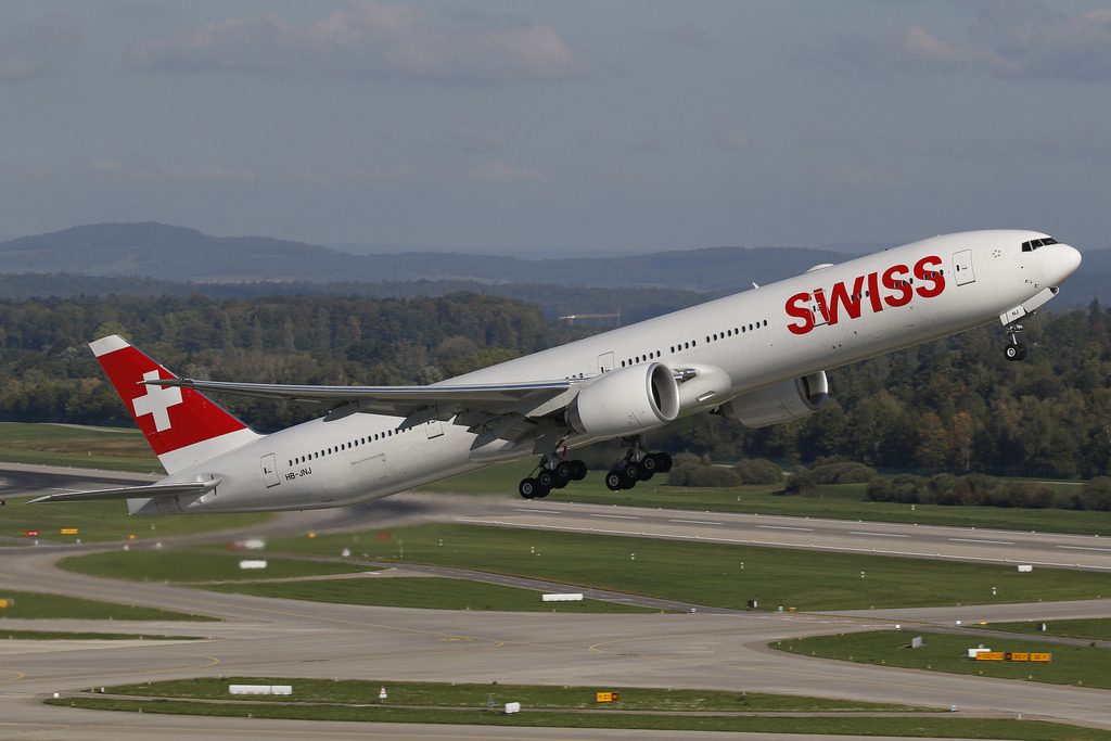 SWISS Boeing 777 300ER HB JNJ departing Zurich International Airport