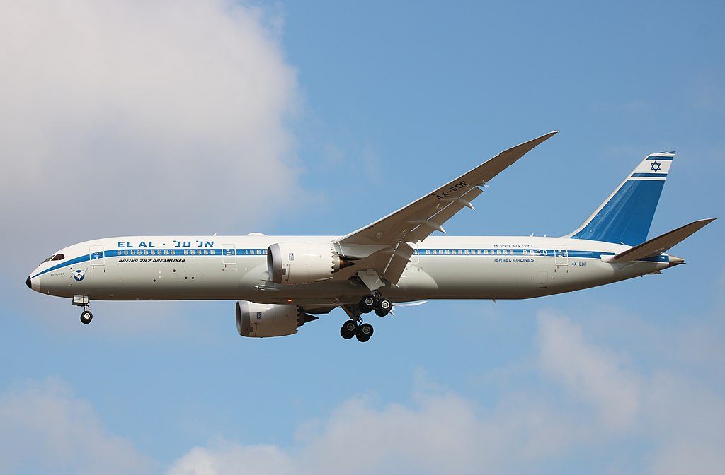 Boeing 787 9 Dreamliner 4X EDF EL AL Retro Rehovot on its first flight fron Seattle to Ben Gurion Airport