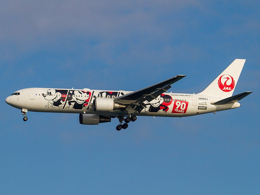 JAL Japan Airlines JA602J Boeing 767 346ER 90 Years of Mickey Mouse livery at Ukishima cho Park Haneda Airport