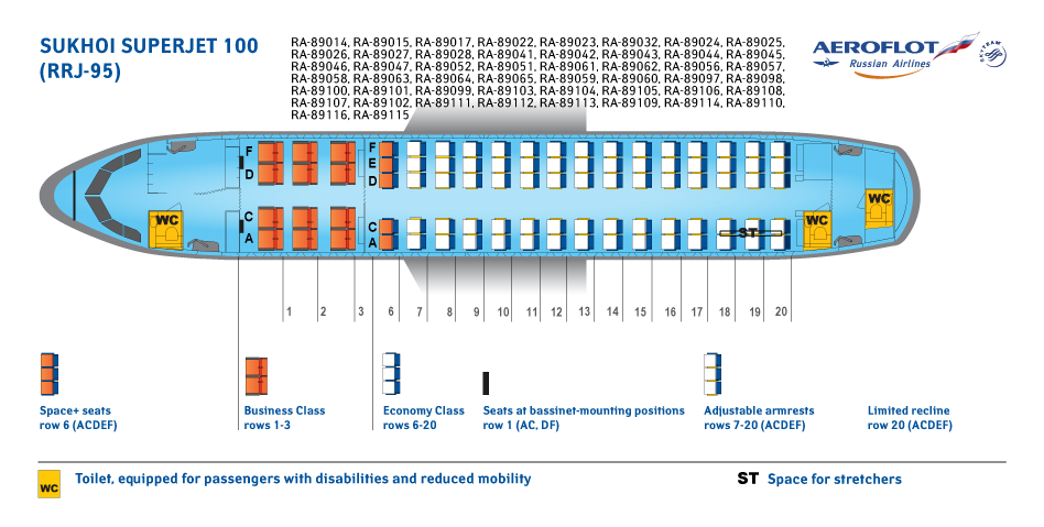 Seat Map and Seating Chart Sukhoi Superjet 100 Aeroflot