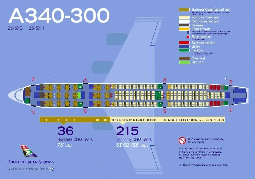 South African Airways SAA Airbus A340 300 Layout 251 Seats Seating Plan