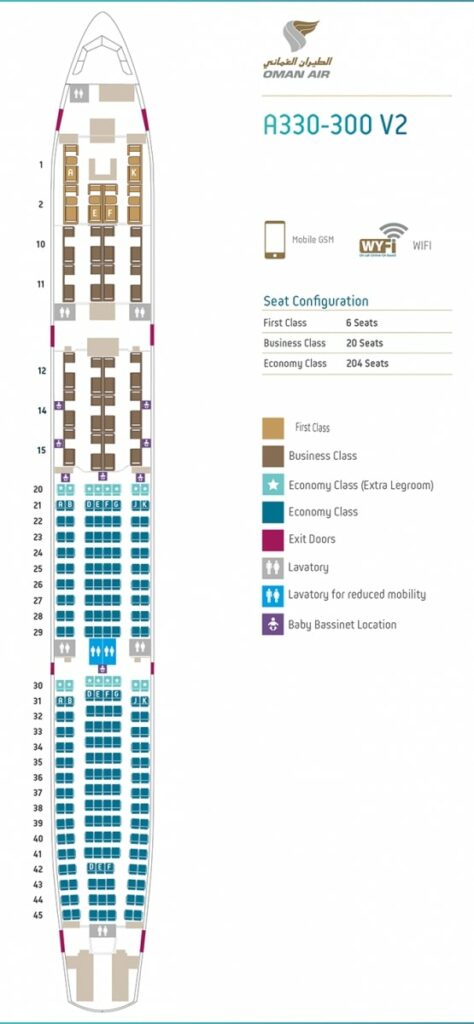 Seat Map and Seating Chart Airbus A330 300 V2 230 Seats Oman Air