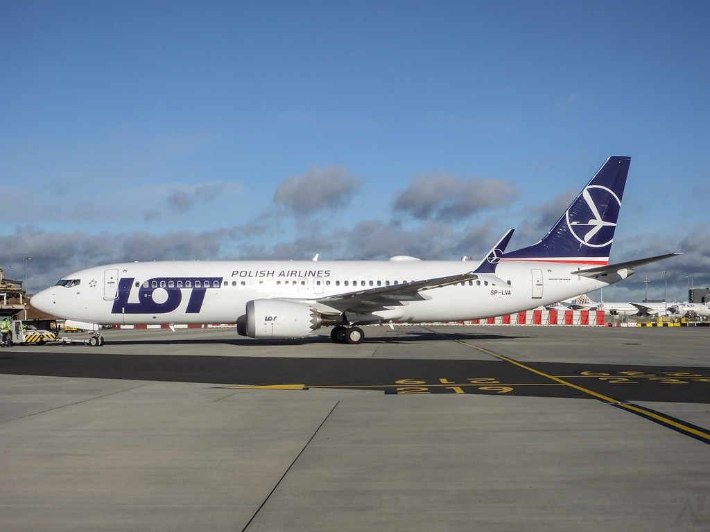 LOT Polish Airlines SP LVA Boeing 737 MAX 8 at LHR Airport
